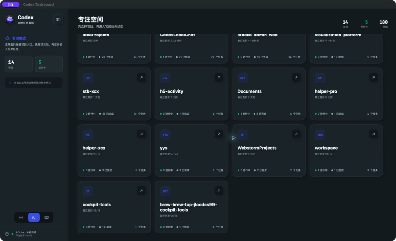 Codex Taskboard 深色专注模式